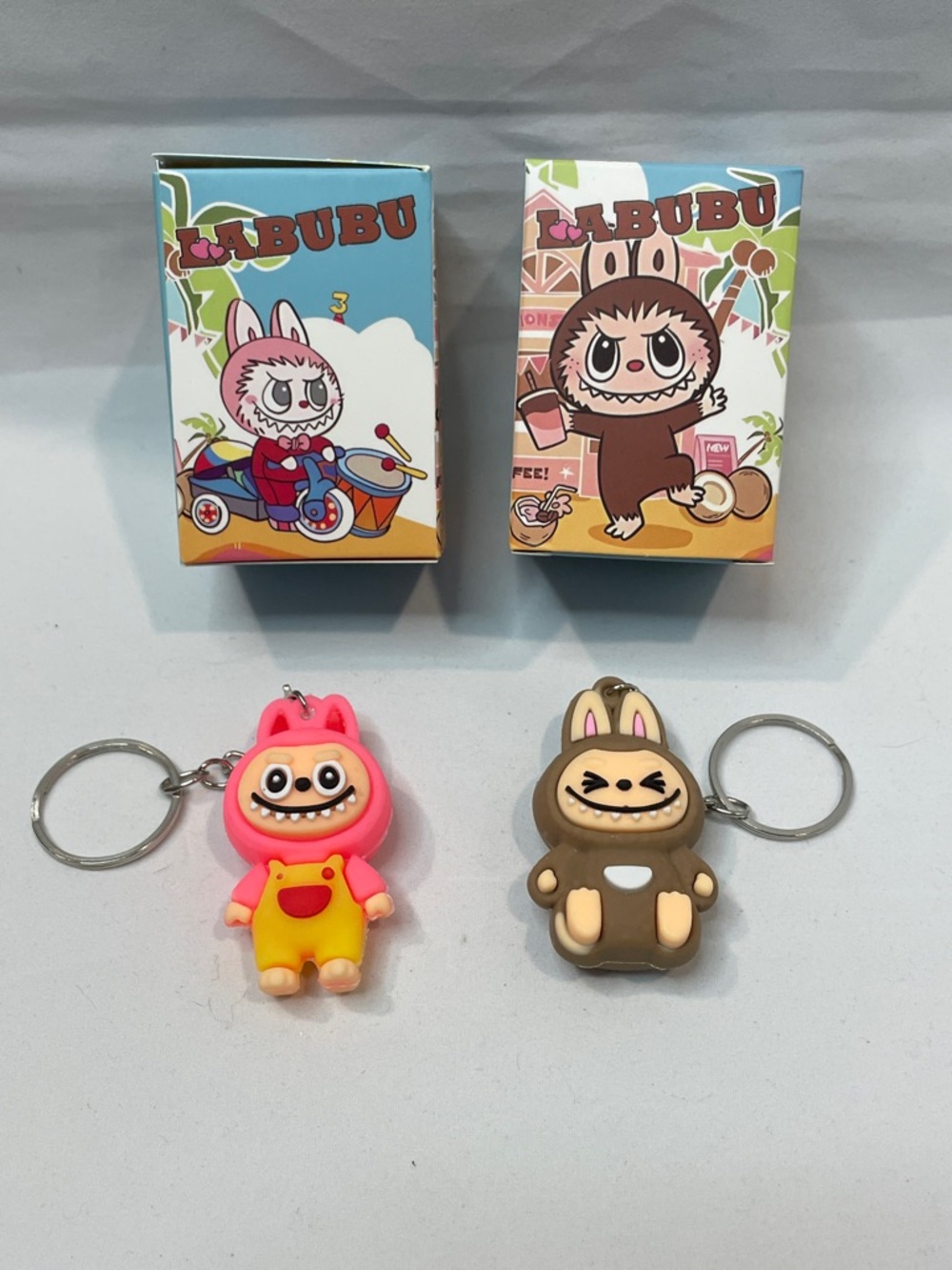 LABUBU Kids Keychain Set - Pink & Brown Cute Character Keyrings